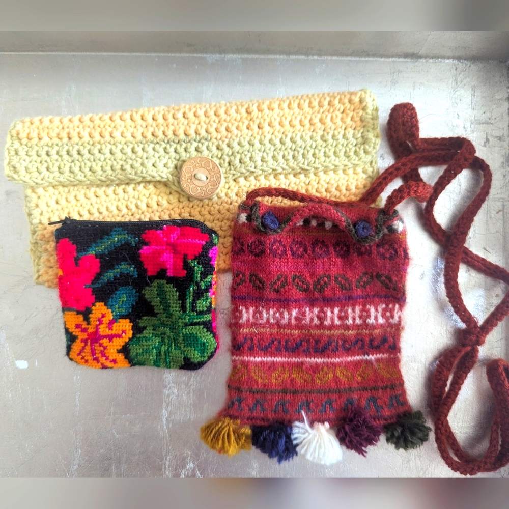Handcrafted 3 Mini Bag  Multicolor Crochet Needle Point Knit Crossbody